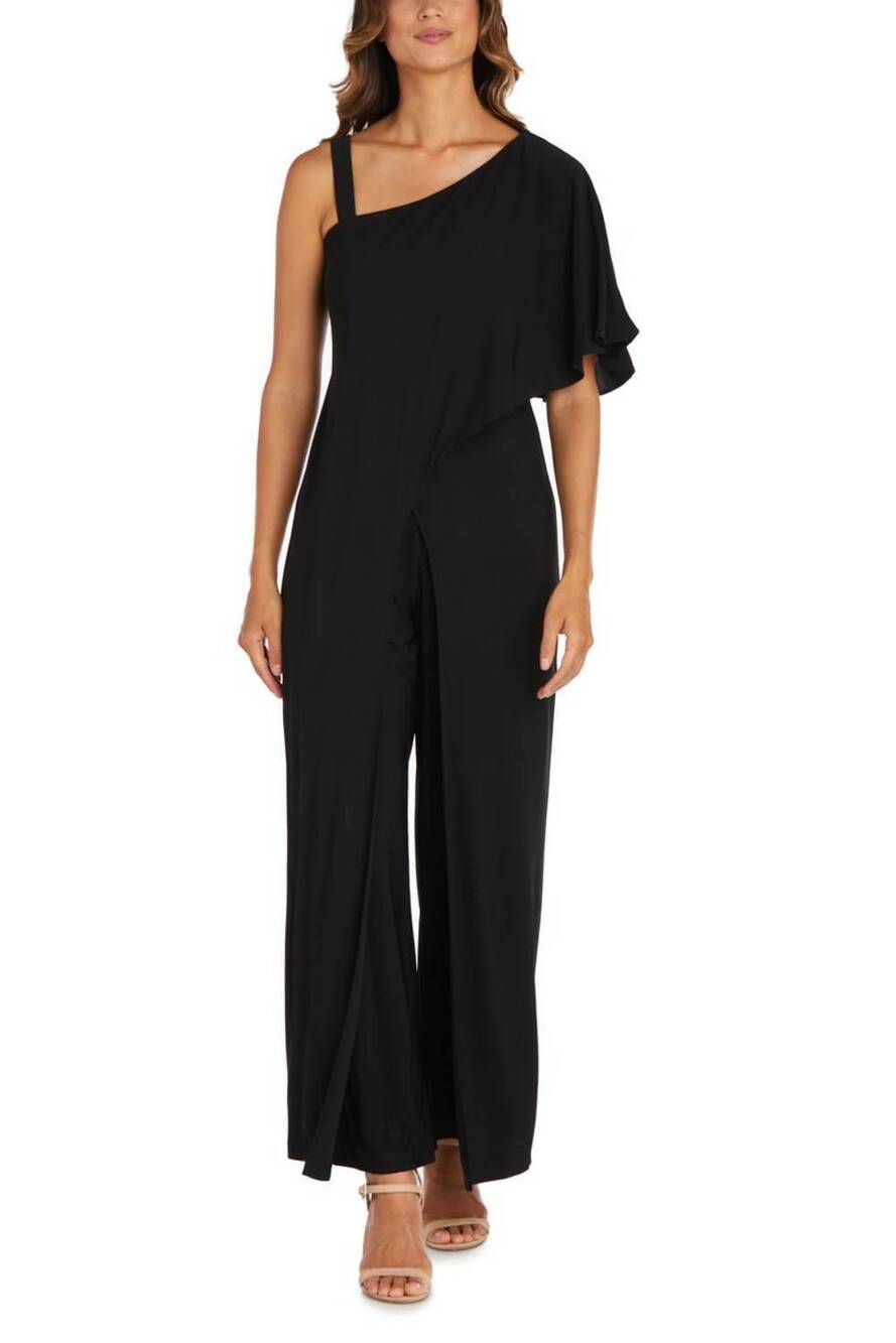 NEW R&M RICHARDS draped sleeve asymmetric jumpsuit in black